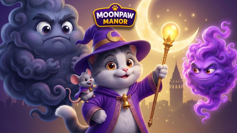 Moonpaw Manor key art: the wizard cat and his mouse friend facing the shadow Duman